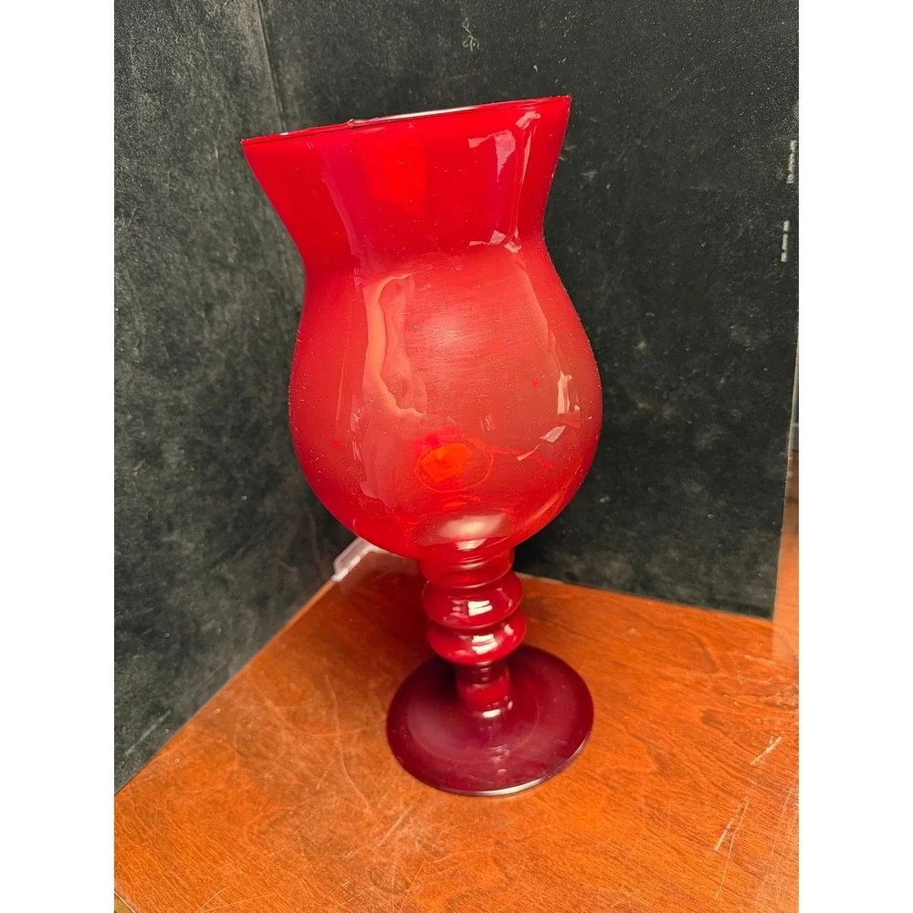 Vintage Ruby Red Glass Hurricane‎ Vase Footed Pedestal Centerpiece Flared Rim